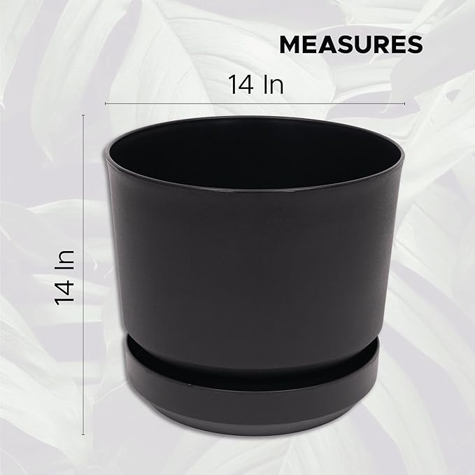 Elly Décor 14 inch Plastic Cylinder Planter Pot with Self-Watering Saucer and Drainage Hole,Lightweight & Extremely Durable, 14"x 14", Black-Ruum Studio Home