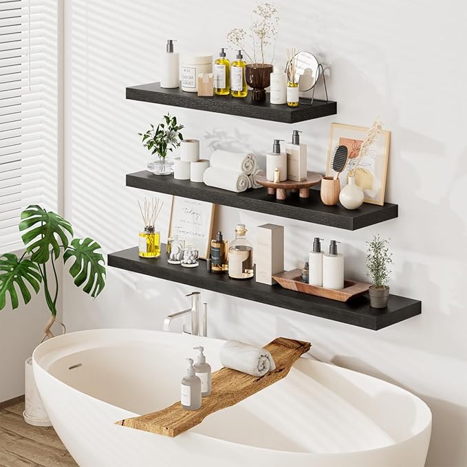 Heimlove 36 Inch Wall Shelf Bathroom Shelves Set of 2, 12" Deep Black Floating Shelves for Wall, Wall Mounted Shelves for Books Living Room Laundry Room Bedroom Kitchen Home Office-Ruum Studio Home