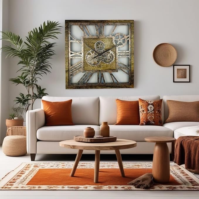 The Gears Clock 24'' Inch Square Real Moving Gear Wall Clock Vintage Industrial Oversized Rustic Farmhouse (Gold Antique)-Ruum Studio Home