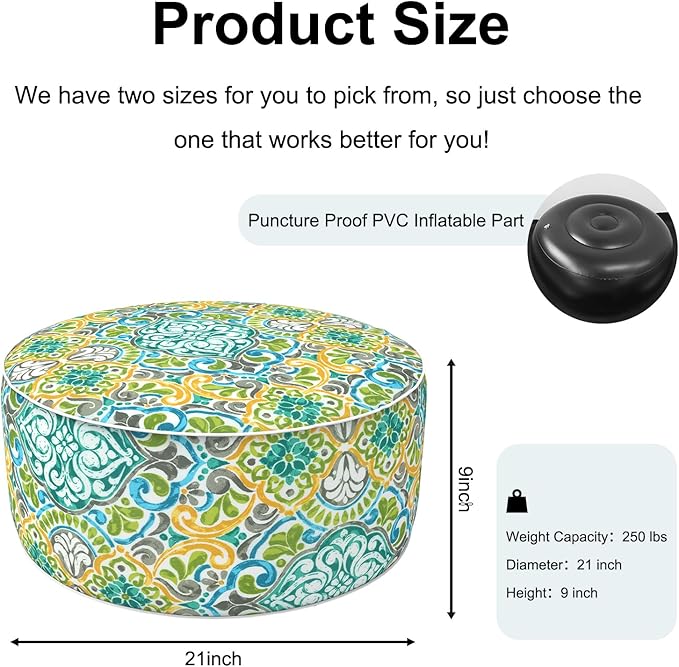 Inflatable Ottoman Stool D21 xH9 for Outdoor/Indoor Use, Water Repellent Patio Foot Rest Stool with Portable Handle,Round Pouf Ottoman Suitable for Garden,Deck and Camping - Damask Green-Ruum Studio Home