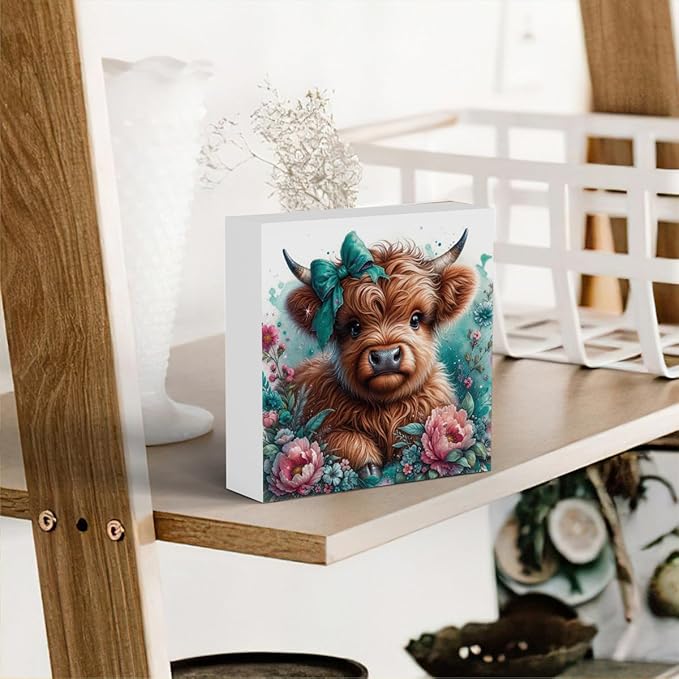 Highland Cow Decor, Highland Cow Gifts for women, Highland Cow Baby Decor, Cow With Pink Bow, Highland Cow Nursery Decor, Wooden Box Decor Sign for Home Farmhouse Office Living Room Table Shelf-Ruum Studio Home
