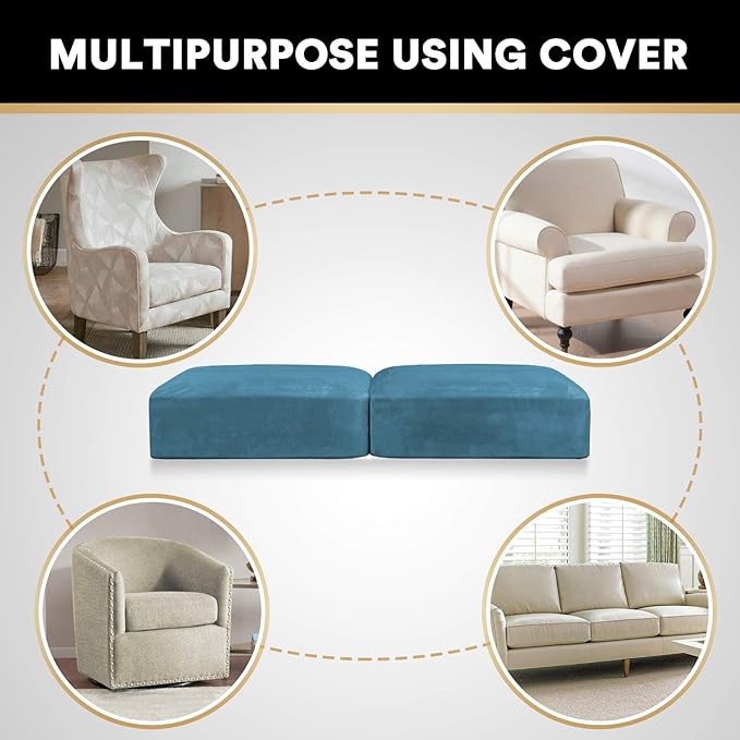 PrinceDeco Velvet Sofa Cushion Covers, Stretch Couch Cushion Covers for Individual Seat Couch Slipcover Sets Furniture Protector for Loveseat Sofa Cushion(Each Width Up to 29.5", Blue)-Ruum Studio Home