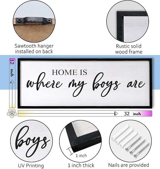 Home is Where My Boys are Sign Framed Wall Art, 32''×12'' Rustic Horizontal My Son Plaque with Black Frame for Baby Kid Boy Son Teen Toddlers Room, Horizontal Mom of Boys Gifts Nursery Decor-Ruum Studio Home