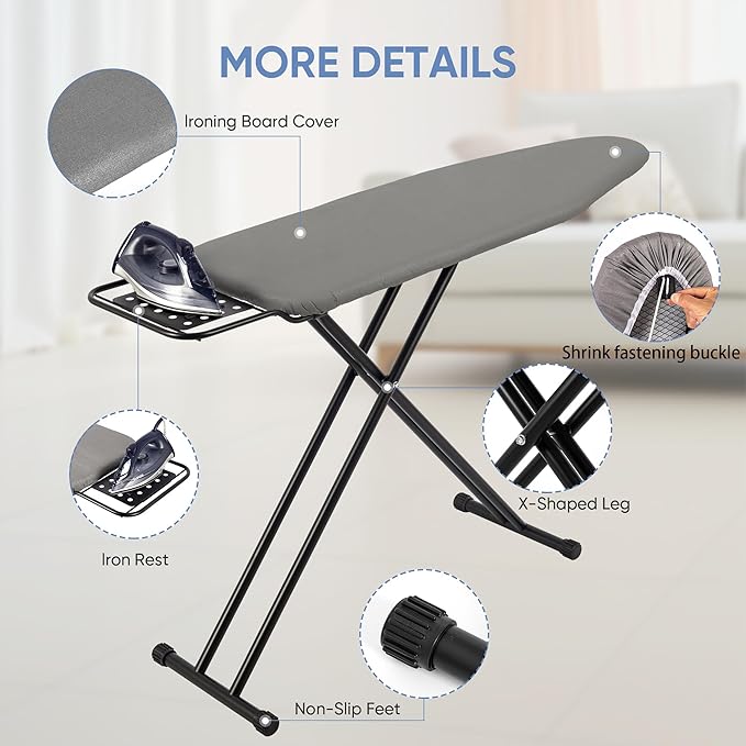 Full Size Ironing Board 47" X 15" with Heat Resistant Cover and Thicken Felt Pad, Safety Iron Rest, Anti-Skid Feet, Height Adjustable, Heavy Duty-Ruum Studio Home