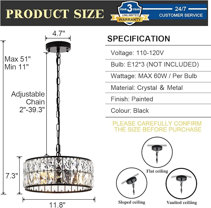 12” 3-Light Modern Crystal Chandeliers Black Dinning Room Light Fixture, Round Pendant Light Kitchen Island Chandelier, Flush Mount Ceiling Light for Living Room Entryway Bedroom Foyer-Ruum Studio Home