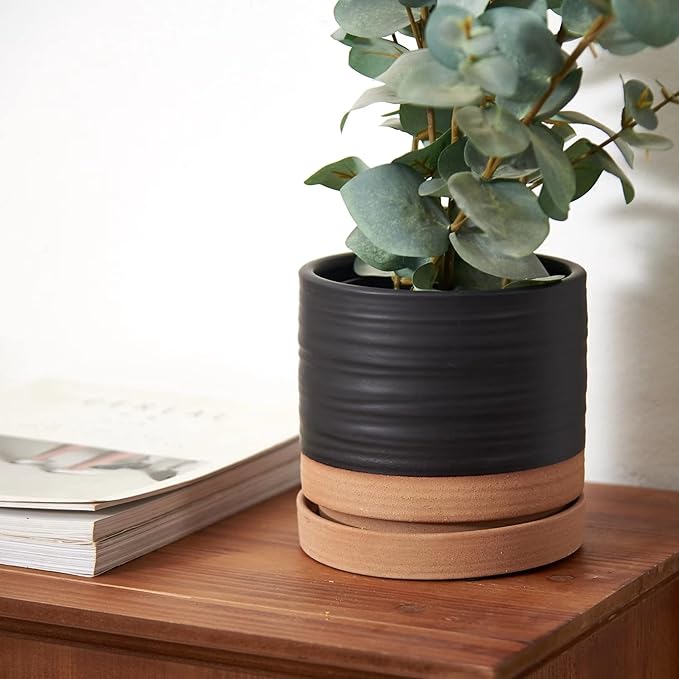 6 Inch Plant Pots, Ceramic Planter Pot with Drainage Hole & Saucer, Indoor/Outdoor Cylinder Round Planter Pot, Matte Black & Brown-Ruum Studio Home