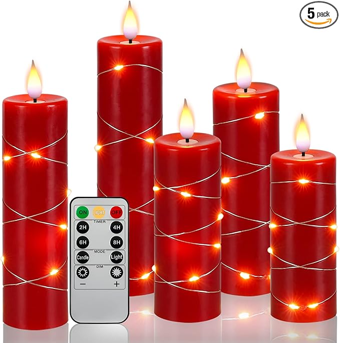 Red Flameless Candle with Remote Control LED Candle with String Lights Battery Powered Flameless Candle4'' 5'' 6'' 7'' 8'' Candles of 5 Pcs-Ruum Studio Home