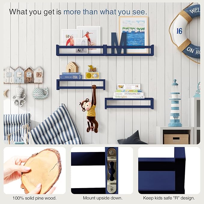 Forbena Navy Blue Floating Book Shelves for Nursery Boy, Decorative Wall Bookshelf for Kids Room, Small Wood Floating Shelves Wall Mounted for Boys Bedroom Bathroom (Set of 4, Blue)-Ruum Studio Home
