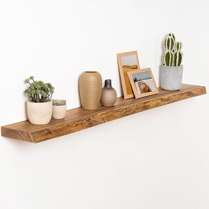 Fun Memories 48" Floating Shelves for Wall, Live Edge Solid Elm Wood Floating Shelf with Invisible Bracket, Wall Mounted Display Wooden Shelves for Bathroom, Kitchen, Bedroom, Natural Color, Set of 1-Ruum Studio Home