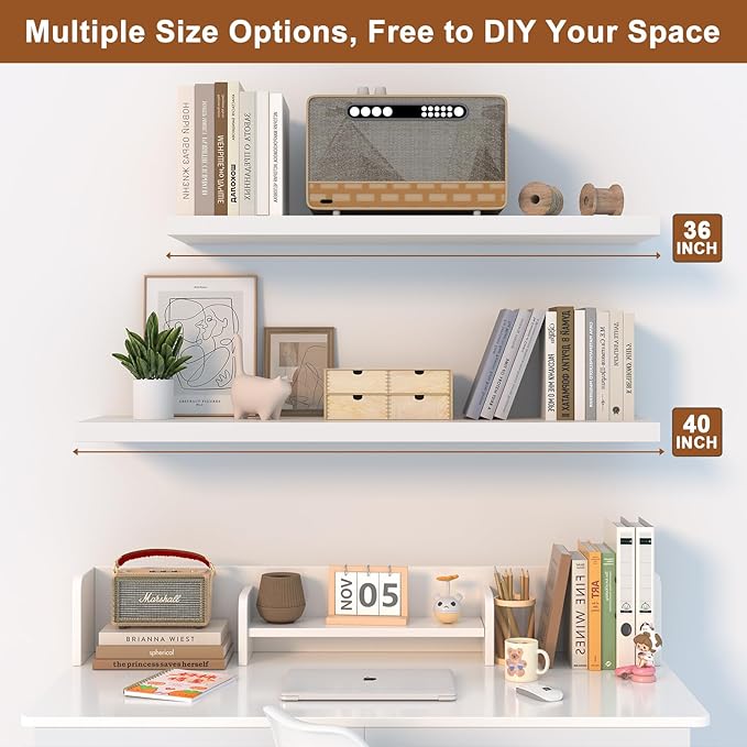 48 Inch Floating Shelf 2 Pack Large Floating Shelves for Wall No Drilling Accessories Included Deep Wall Shelves for Living Room Kitchen Farmhouse 48" W x 12" D x 1.2" White-Ruum Studio Home