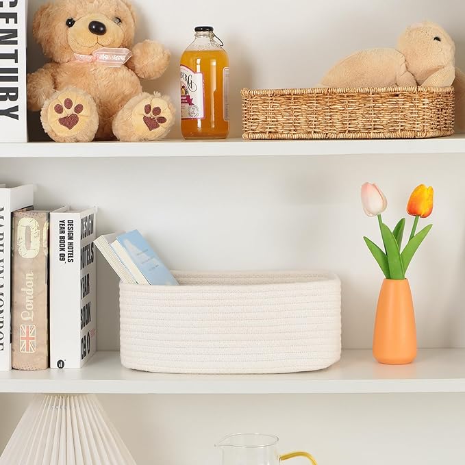 Small Storage Baskets for Organizing | Closet Organizer Bins | Shelf Toy Basket | Woven Rope Baskets | Cube Decorative Box | Shallow Basket | 11.5x7.5x4.7” | 4 Packs Off White-Ruum Studio Home