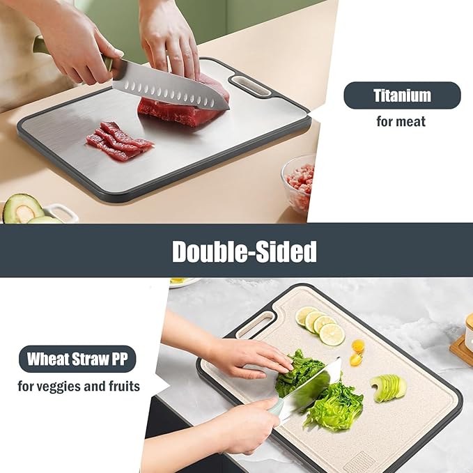 Titanium Cutting Board for Kitchen – Large Double-Sided Food Grade Boards, 16”×11” Pure Titanium & Wheat Straw, Dishwasher Safe, Easy to Clean for Meat, Vegetables & Fruits-Ruum Studio Home