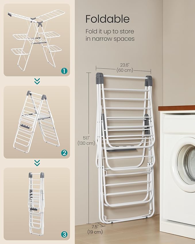 SONGMICS Clothes Drying Rack, Foldable 3-Level Laundry Rack, Free-Standing Large Drying Rack, with Height-Adjustable Wings, 39 Drying Rails, Sock Clips, White and Gray ULLR054W01-Ruum Studio Home