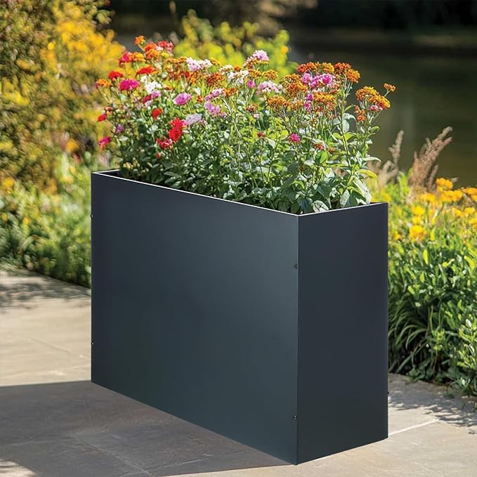 BAYN Metal Rectangular Planter Box Tall Planters for Outdoor Plants Modern Heavy Duty with Drainage Holes for Outside Indoor Patio Deck - Grey, 32”x 12”x 24”-Ruum Studio Home