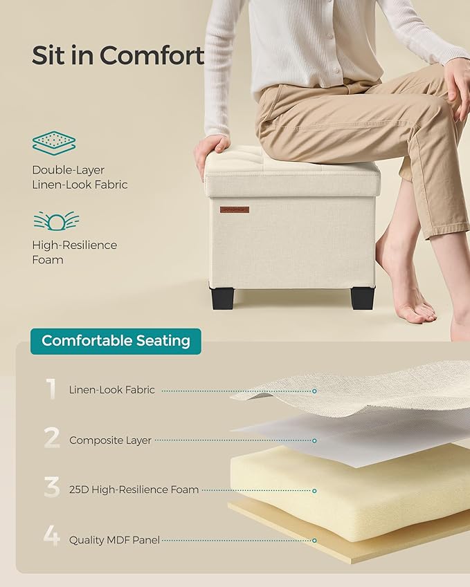 SONGMICS Storage Ottoman, Small Ottoman Foot Rest with Legs, 12.6 x 15.8 x 13.2 Inches Foot Stool, Load up to 660 lb, for Living Room, Bedroom, Dorm, Cream White ULSF012W01-Ruum Studio Home