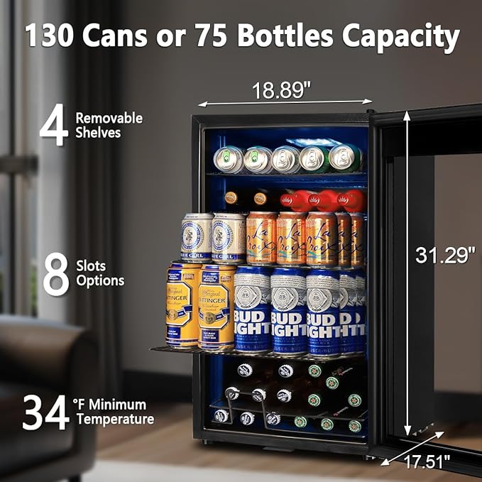 Tylza 130 Can Beverage Refrigerator Cooler, 3.22 Cu.Ft Beverage Cooler with Low-E Glass Door, Safety Lock, Beverage Fridge for Soda, Beer, Wine, Mini Fridge for Home, Office, Bar, Bedroom, Black-Ruum Studio Home
