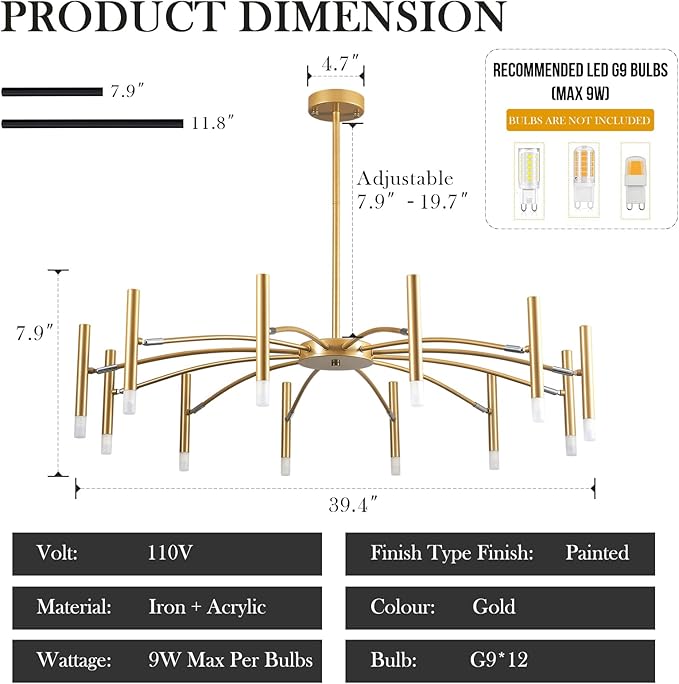 Gold Modern Chandelier 39.4" Large Chandelier Lighting Adjustable Ceiling Pendant Light 12 Light Pendant Light Fixtures for Living Room Dining Room Foyer-Ruum Studio Home