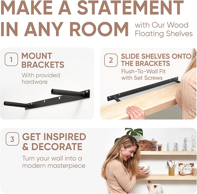 Homeforia Wood 48 inch Floating Shelf, High End Solid Natural Wood 48inch Floating Shelves for Wall Mounted, Unfinished Wooden Large Floating Shelves, Heavy Duty Bracket, 48 X 6.5 X 1.75 in, Set of 2-Ruum Studio Home