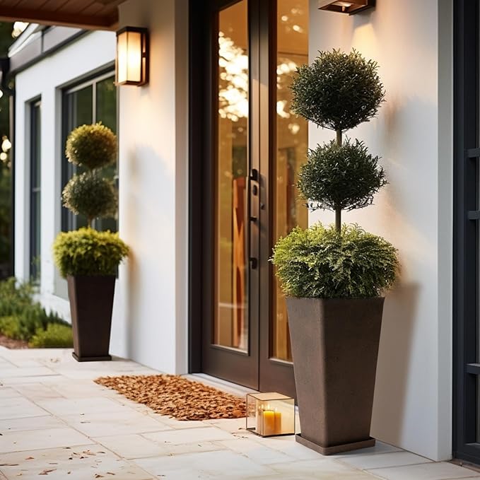 LA JOLIE MUSE 26 inch Tall Planters for Outdoor Plants,Set of 2 Tapered Planters with Trays,Iron Plastic Rectangular Tall Planters for Front Door, Patio and Deck, 26'' Iron With Tray-Ruum Studio Home