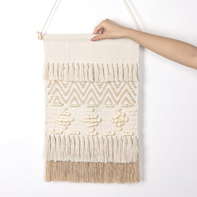 Dremisland Macrame Woven Wall Hanging Home Decor Bohemian Beige Geometric Wave Art Decor with Wool Ball and Tassle-Elegant Apartment Bedroom Dorm Room Door Decoration, 15.7" W x 22" L (Beige Wool Ball)-Ruum Studio Home