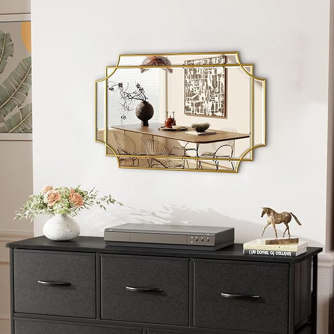30x20 Inch Gold Bathroom Mirror, Wooden Frame with Scalloped Polished Beveled Glass, Modern Art Wall Decor for Vanity, Irregular Rectangle Mirror for Bedroom, Living Room, Fireplace & Entryway-Ruum Studio Home