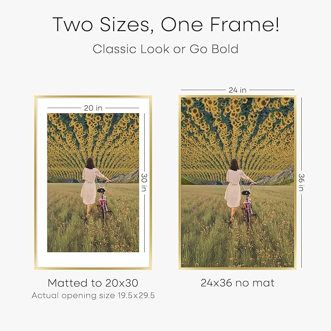 Homeforia 24x36 Gold Picture Frame, High End Metal 24 x 36 Large Poster Frames with Mat 20 by 30 inch Photo, 24x36 Gold Frame Matted to 20x30 for Print, 36x24 Frame, Tempered Glass, Wall Kit, Set of 1-Ruum Studio Home