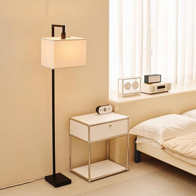 Globe Electric 61000052 60" Floor Lamp, Matte Black, Square White Fabric Shade, On/Off Rotary Switch on Socket, Square Rod, Reading Lamp, Home Office Accessories, Home Décor, Home Improvement-Ruum Studio Home