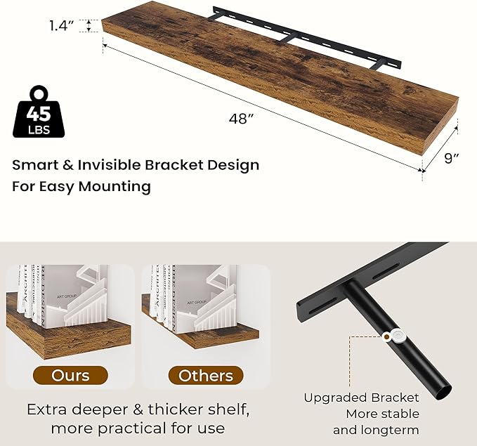 48 inch Floating Shelves for Wall Large Wall Mounted Shelves with Invisible Brackets, Brown Long Shelves for Bathroom, Living Room, Kitchen, Office, 48x9.1 inch deep Set of 2-Ruum Studio Home