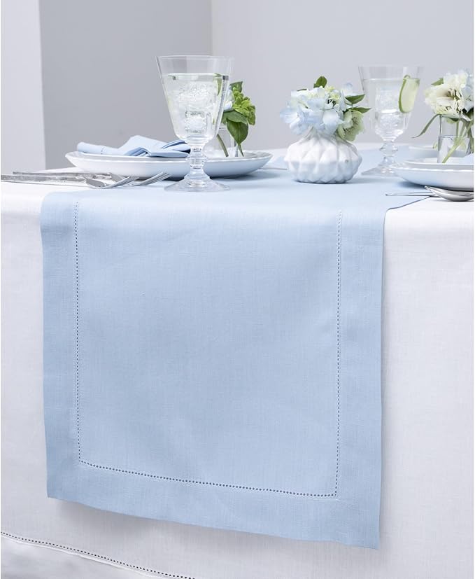 Solino Home Linen Sky Blue Table Runner 156 Inches Long - 100% Pure Linen Extra Long Table Runner 14 x 156 Inch - Classic Hemstitch-Ruum Studio Home