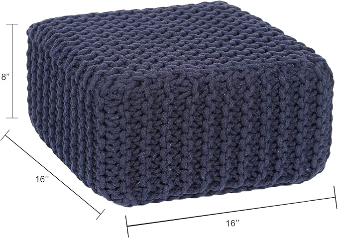 REDEARTH · Cube Low Pouf Foot Stool Ottoman - Hand Knitted Poof - Cord Boho Pouffe - Home Décor - Stuffed Footrest for Living Room - Nursery - Bedroom - Patio (16" x 16" x 8") - Navy Blue-Ruum Studio Home
