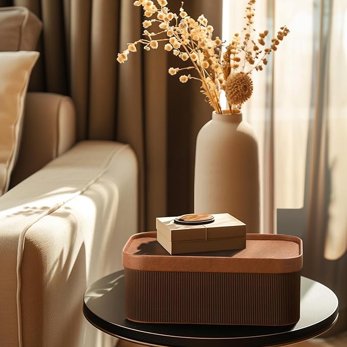 La Jolie Maison Fluted Cardboard Storage Baskets with Leather-Like Lids, Sturdy Stackable Paper Boxes Decorative Tray, Set of 3 Chestnut-Ruum Studio Home