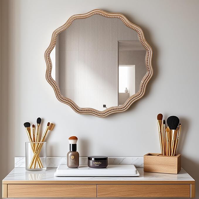 Round Mirror Vanity Mirrors for Bathroom with Wavy Wood & Beaded Frame - Wall Mirrors for Living Room,Entry Mirrors for Wall,Decorative Mirror-Ruum Studio Home