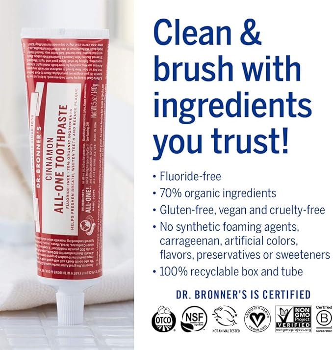 Dr. Bronner’s All-One Toothpaste– Cinnamon, 5 oz, 3-Pack– Fluoride-Free Toothpaste for Adults, SLS-Free, 70% Organic & Natural Ingredients, Vegan, Helps Freshen Breath, Reduce Plaque, Whiten Teeth-Ruum Studio Home