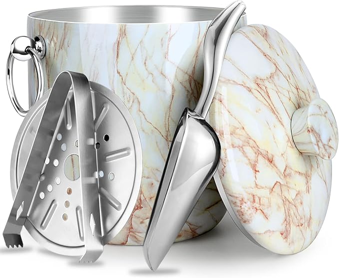 Ice Bucket with Lid, Scoop, Tongs and Strainer - Well Made Insulated Stainless Steel Keep Ice Frozen Longer - Ideal for Cocktail Bar, Parties, Chilling Wine, Champagne - 3 Liter (CarraraMarble)-Ruum Studio Home
