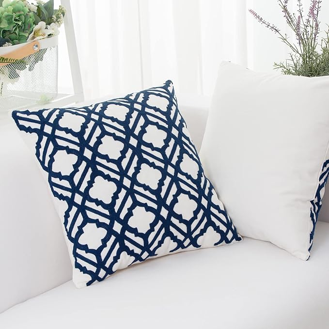 HWY 50 Dark Blue Decorative Throw Pillow Covers 18x18 Inch, Pack of 2 Embroidered Cotton Farmhouse Cushion Cover Pillow Case for Sofa Couch Living Room Bed Bedroon, Trellis-Ruum Studio Home