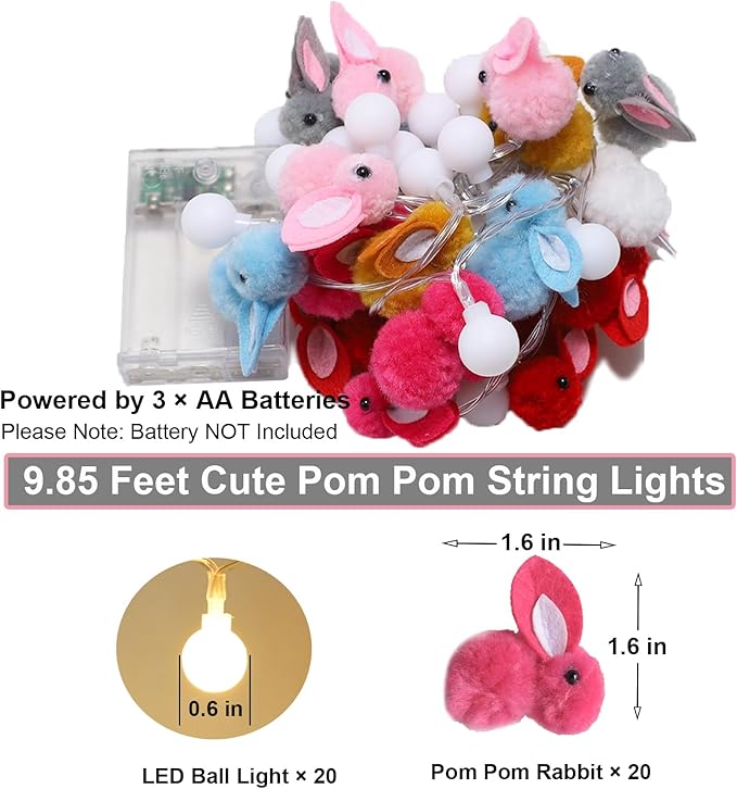 9.85Ft Easter Decor String Lights with Timer 20 Rabbit Shaped Pompoms 20 Ball LED Garland Battery Operated Easter Decorations Bunny Lights for Home Party Kids Room Bedroom Birthday Wedding Indoor-Ruum Studio Home