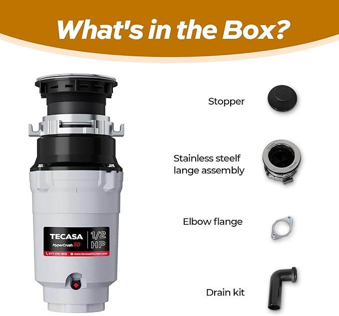 1/2 HP Garbage Disposals, TECASA Continuous Feed, Stainless Steel Food Waste Grinding System for Kitchen Sink Food Waste, Power Cord Included, UL Certified - HyperCrush 50-Ruum Studio Home