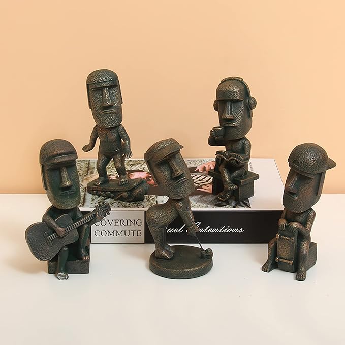 Moai Statue Decor - 6 Inch Easter Island Oranment Resin Stone Decoration for Room Accessories Antique Sculpture for Office Desktop (Read a Book)-Ruum Studio Home