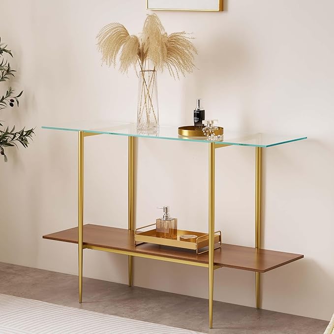 Extra Large Glass Console Table for Living Room, Foyer & Entrance, L47 x W16 x H31, Mid-Century Modern Sofa Table with Clear Glass Top, Walnut Finish Wood Top and Gold Finish Metal Frame-Ruum Studio Home
