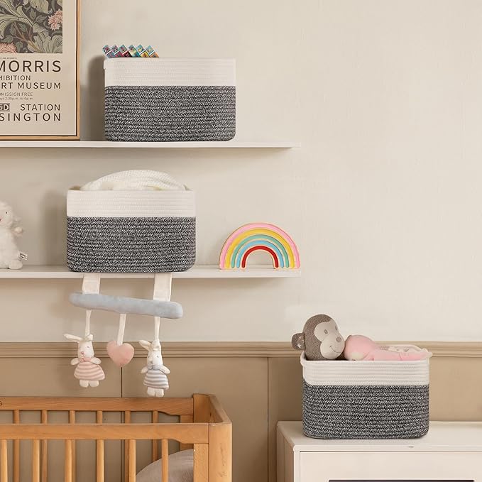 4 Pack Storage Baskets for Organizing, Woven Baskets for Shelves - Perfect for Toys, Books, Towels, and Clothes, Durable Gift Basket Bins Toy Storage, 13''Lx9''Wx7.8''H, Black & White-Ruum Studio Home