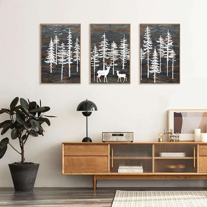 Modern White Forest Framed Canvas Wall Art Set, Minimalist Woodland Art Painting, Retro Tree Landscape Wall Decor, Wildland Deer Artwork for Living Room, Dining Room, Office - 16"x24"x3-Ruum Studio Home