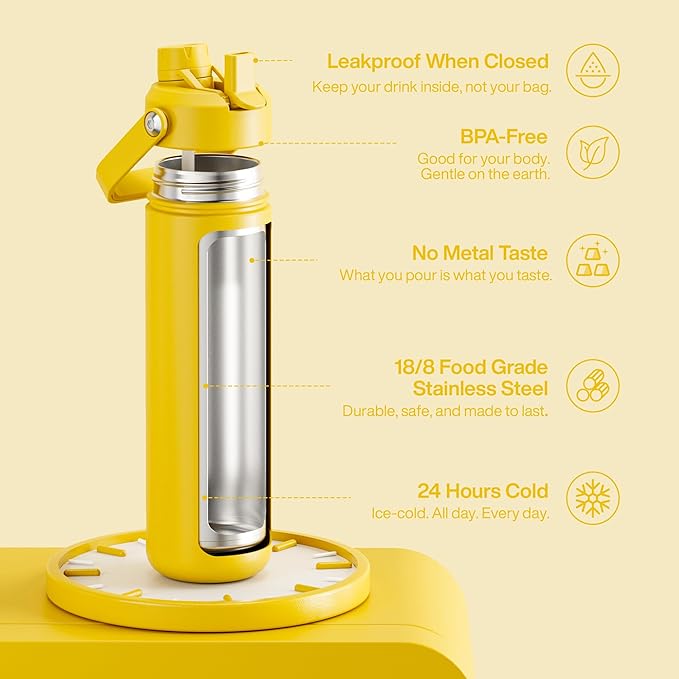 Insulated Water Bottle with Straw Stainless Steel Water Bottle, Leak-Proof, BPA-Free, Double Wall Vacuum Keeps Cold for 24 Hours for Sports, Travel, School (26 oz, Elfin Yellow)-Ruum Studio Home