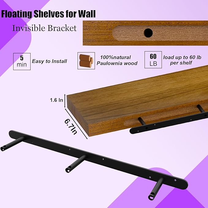 IAE Walnut Floating Wall Shelves 55 inch, Bathroom Shelves Wall Mounted,Invisible Shelves Floating Kitchen Shelves,Wooden Wall Shelves with Brackets for Living Room Wall Mounted,Easy Install,Set of 2-Ruum Studio Home