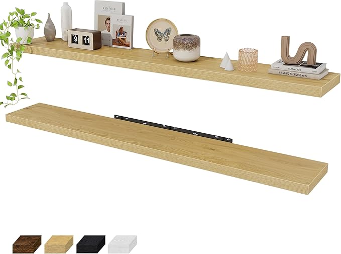 Fun Memories 72 Inch Floating Shelves for Wall 2 Pack Shelves for Bedroom|Kitchen|Bathroom 72 x 9.3 Inch Wood Floating Shelf with Invisible Brackets for Books|Storage|Decor, Oak-Ruum Studio Home
