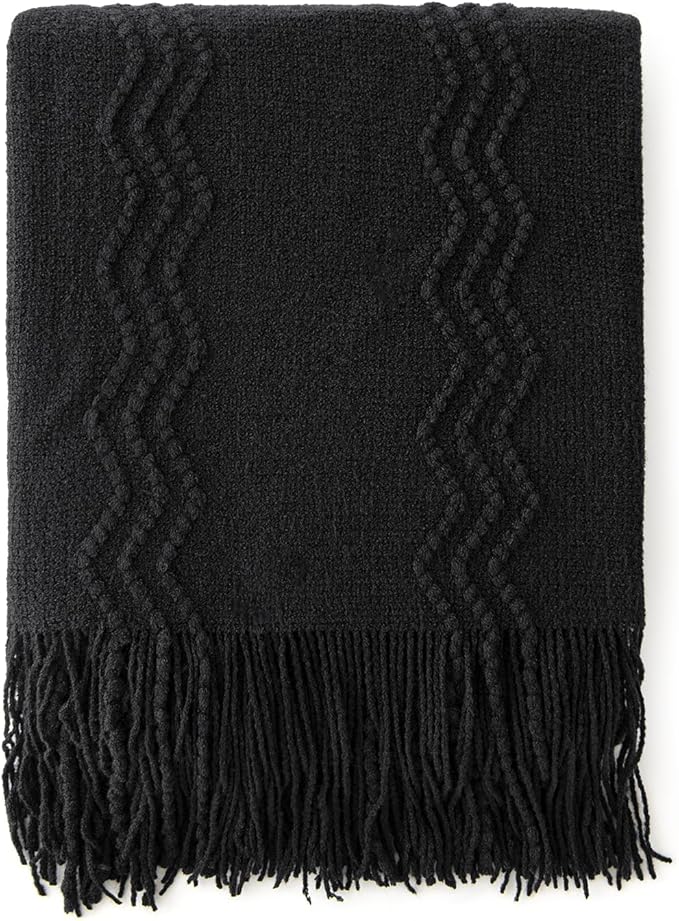 MIULEE Black Knitted Throw Blanket for Couch Textured Knit Blanket with Tassels Cozy Woven Boho Bed Blanket for Sofa Bed Chair Acrylic Wave Pattern 50"x60"-Ruum Studio Home