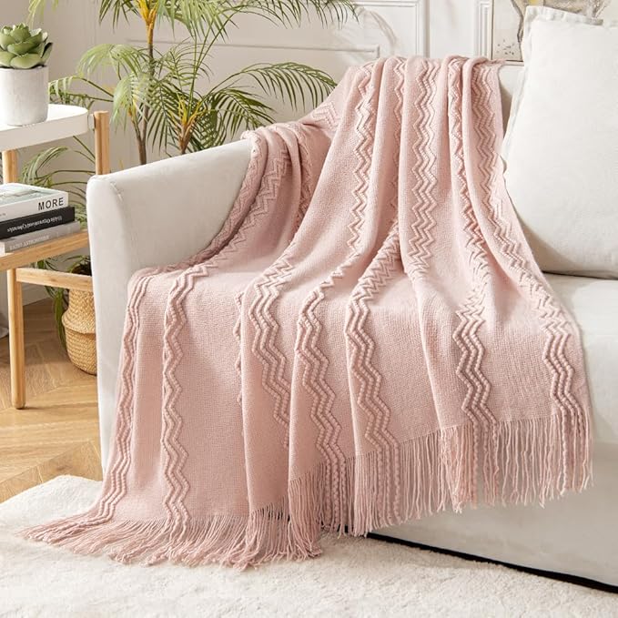 MIULEE Light Pink Knitted Throw Blanket for Couch Bed, Boho Textured Cozy Woven Decorative Farmhouse Blanket with Tassels for Sofa Chair Living Room 50"x60"-Ruum Studio Home