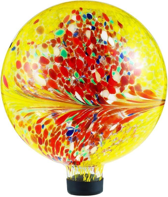 VOREEN 10-Inch Glass Gazing Ball, Outdoor Gazing Globe, Reflective Ball Yard Decoration for Homes, Patio, Lawn and Gardens, Gift for Mom Wife Friend, Phoenix Tail Design, Yellow-Ruum Studio Home