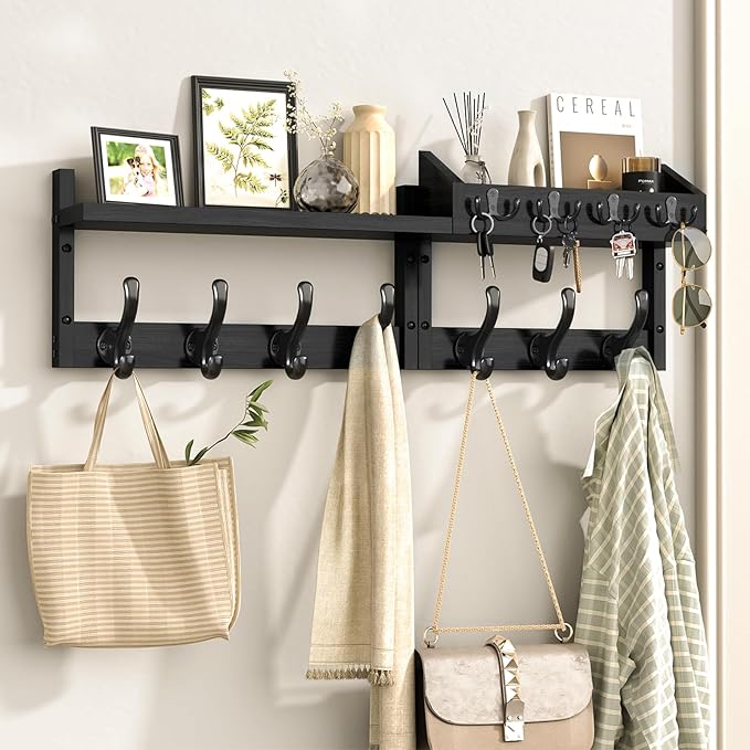 29" Coat Rack Wall Mount with Shelf, 4 in 1 Wall Mounted Coat and Key Hanger with 11 Hooks, Entryway Key Holder with Mail Holder for Living Room, Bedroom, Black-Ruum Studio Home