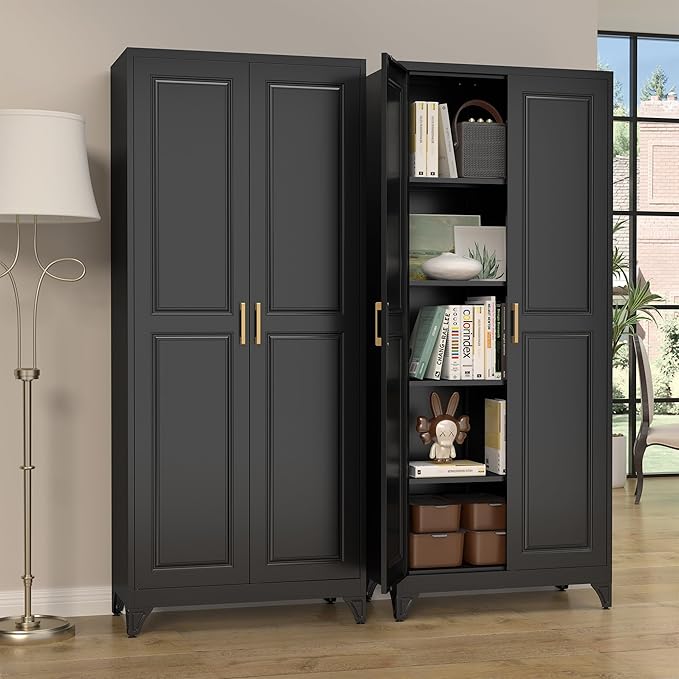 Kitchen Pantry Cabinet,75”Black Metal Storage Cabinets with Doors and 4 Adjustable Shelves,Kitchen Cabinet with 2 Gold Handles,Tall Cabinet for Livingroom, Bathroom-Ruum Studio Home