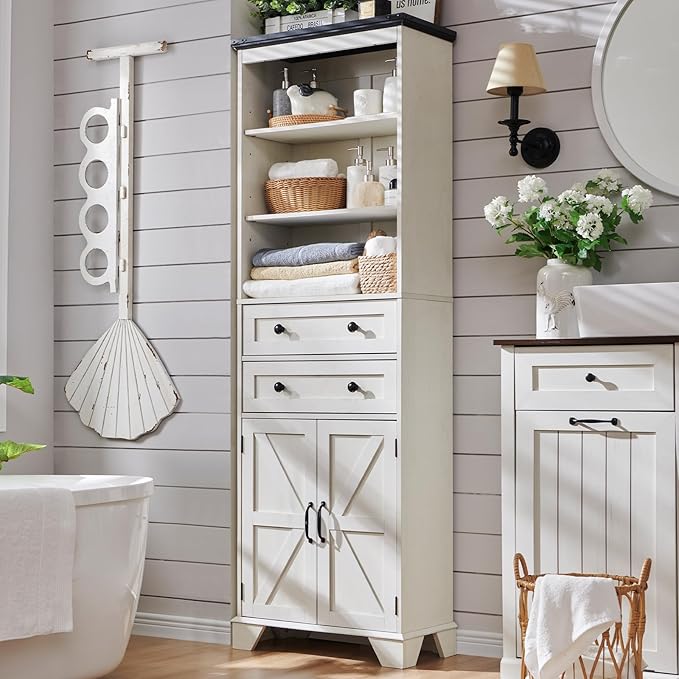72" Tall Bathroom Storage Cabinet, Farmhouse Storage Cabinet with 2 Drawers, Adjustable Shelves & Barn Door, Cabinet for Bathroom, Living Room, Kitchen, Off White-Ruum Studio Home